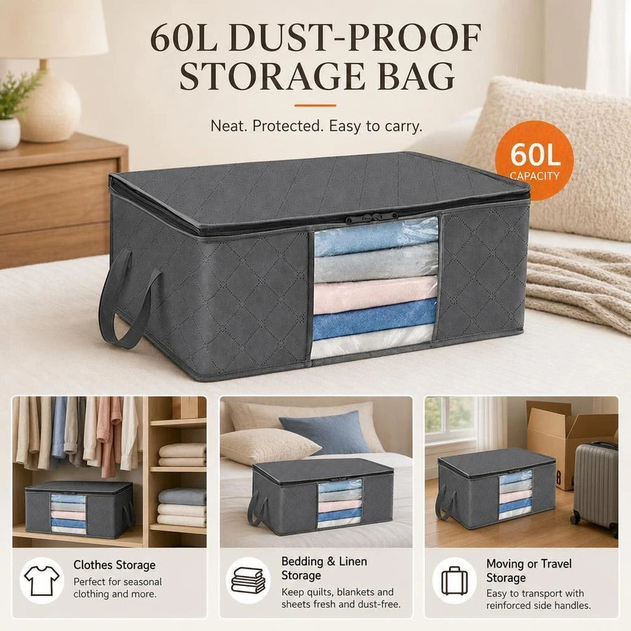 Medium 60L Dust Cover Bag Grey, Black Edge Black Zipper, Neat Sorting For Daily Outfits