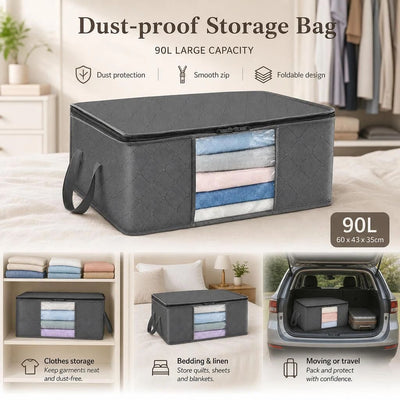 Extra Large 90L Quilt Storage Pouch Grey, Black Edge Black Zipper, Durable Thick Fabric Organizer