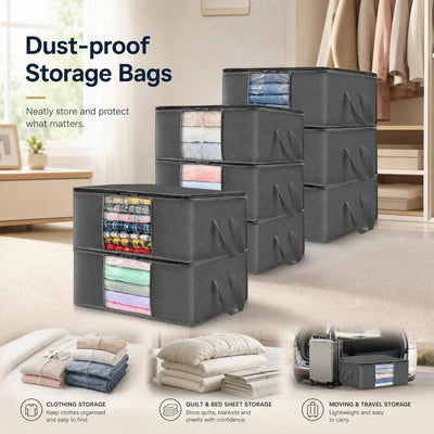 8 Pack 35L Household Storage Bags Black Zipper, Complete Set For Whole Wardrobe Tidying