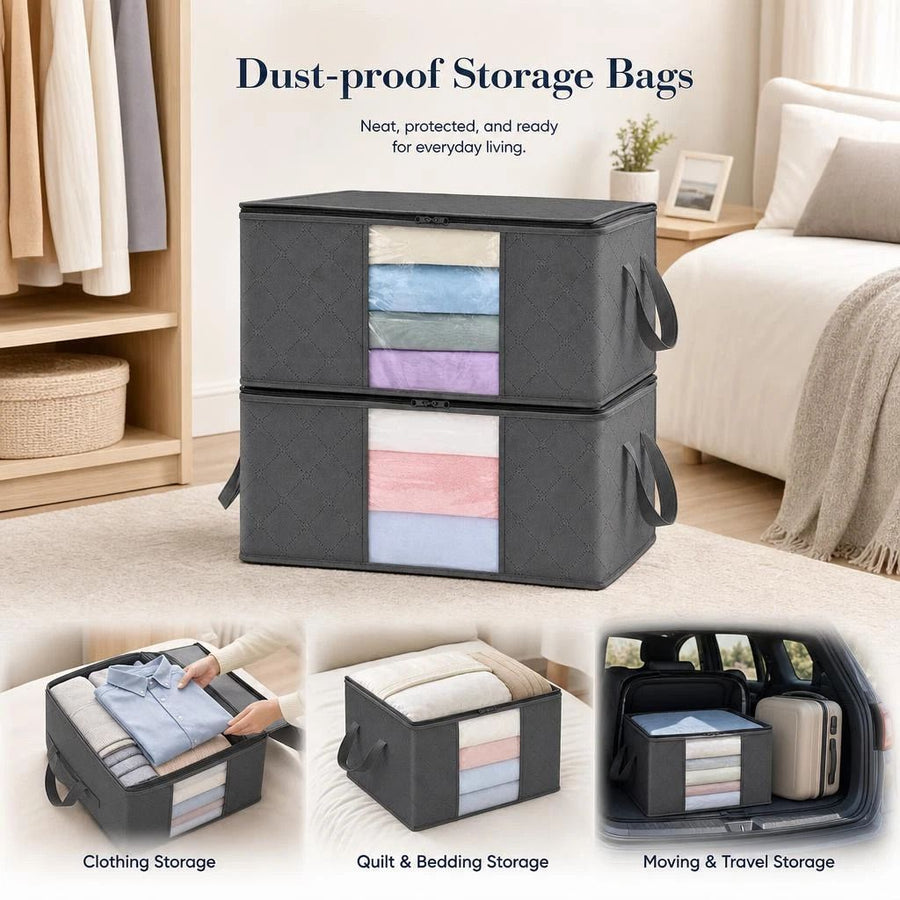 3 Pack 60L Medium Bedding Storage Bags Black Zipper, Ideal For Seasonal Quilt Storage