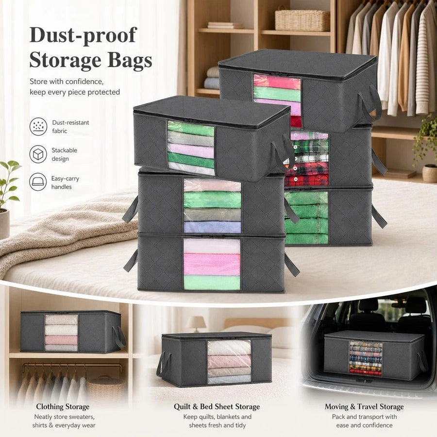 6 Pack 60L Dustproof Quilt Storage Pouches Black Zipper, Large Multi-Bag Family Storage Kit