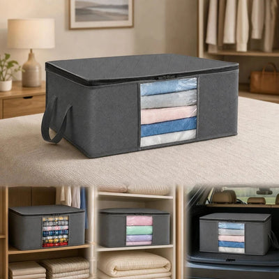 Large 84L Grey Clothing Storage Bag, Black Edge Black Zipper, Medium-Large Size For Quilts & Coats