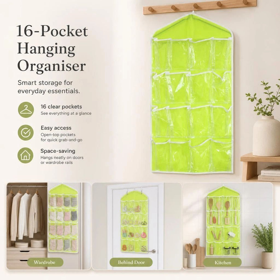 16-Grid Clear Hanging Storage Bag, Visible Socks Underwear Organizer, Green, Closet Door Hanging Accessory