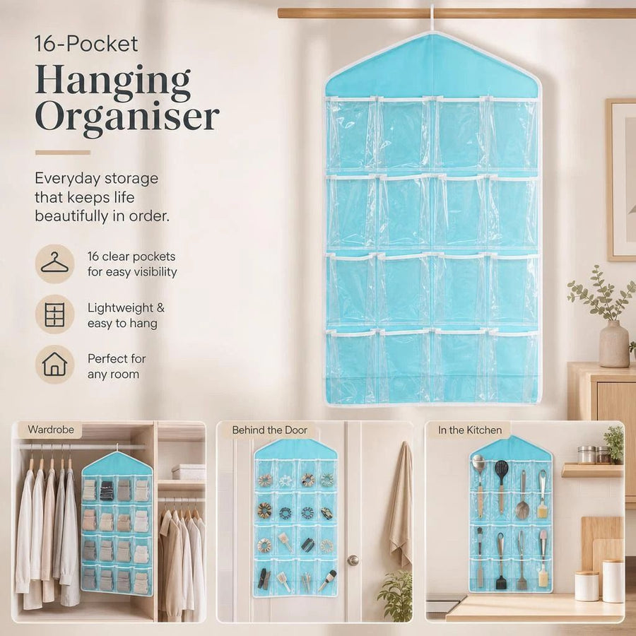 Clear View 16 Compartment Hanging Organizer, Underwear Sock Storage Pouch, Blue, Space Saving Wardrobe Decor