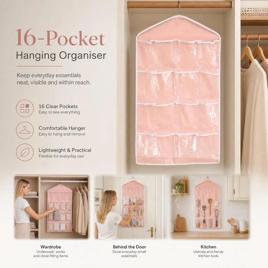 Transparent 16 Slot Door Hanging Storage Bag, Sort Lingerie Socks Easily, Pink, Cute Household Gift
