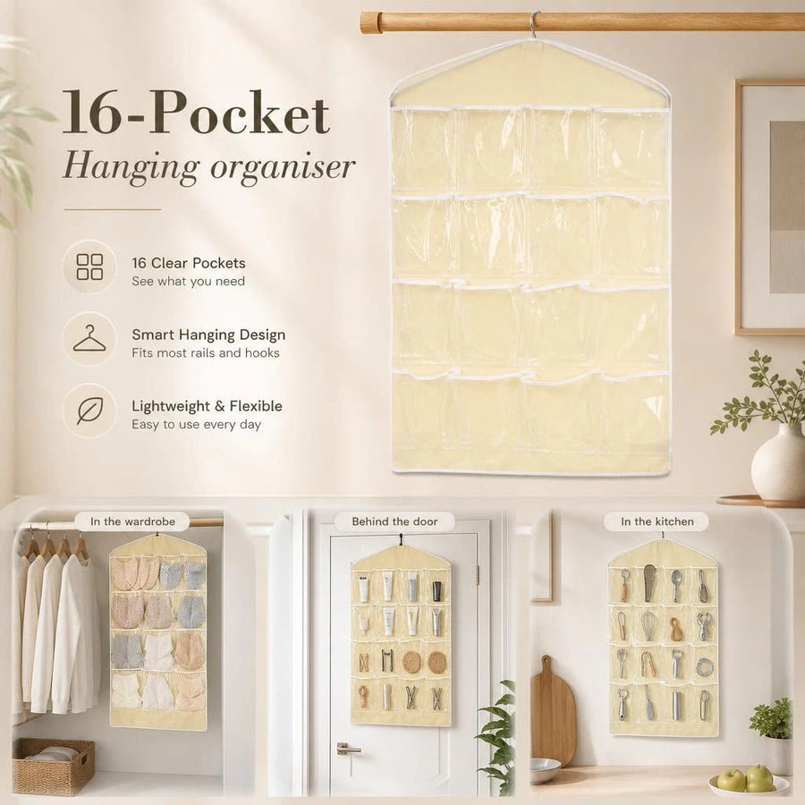 16-Grid Visible Hanging Lingerie Organizer, Wall Door Mount Storage Bag, Beige, Neutral Minimalist Style