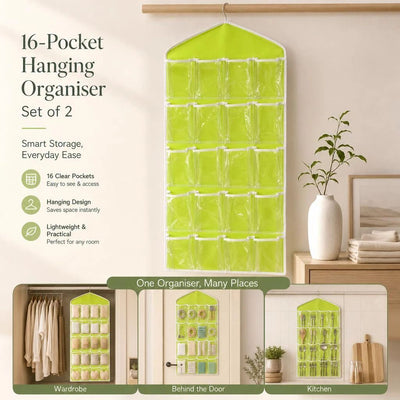 2 Pack 16-Grid Clear Hanging Storage Bags, Visible Socks Underwear Organizer, Green, Family Wardrobe Set