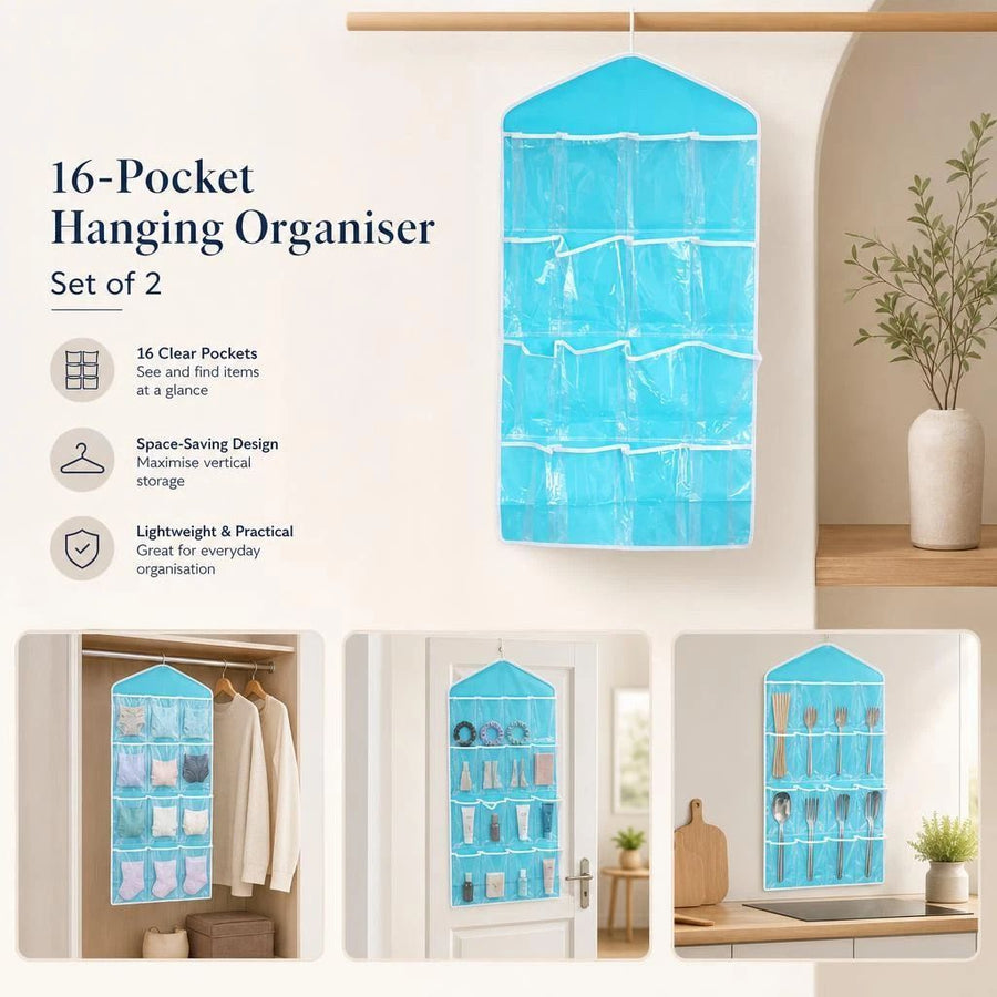 2 Pack Transparent 16 Slot Door Hanging Organizers, Clear View Lingerie Storage, Blue, Multi-Pack Storage Kit