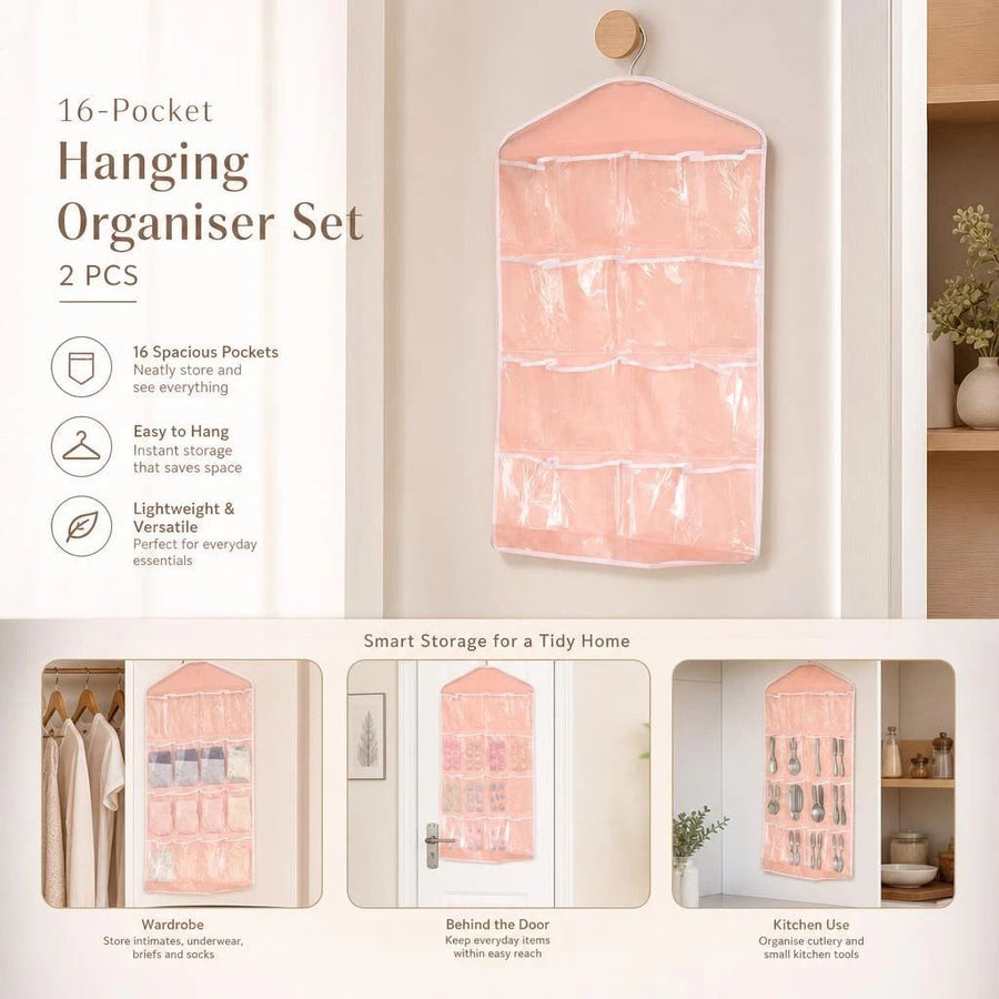 2 Pack Clear View 16 Compartment Hanging Pouches, Sock Underwear Sorting Bag, Pink, Practical Housewarming Gift