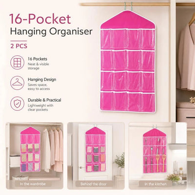 2 Pack Transparent Door Hanging Storage Organizers, 16 Slots For Socks Underwear, Rose Red, Double Pack Storage Set