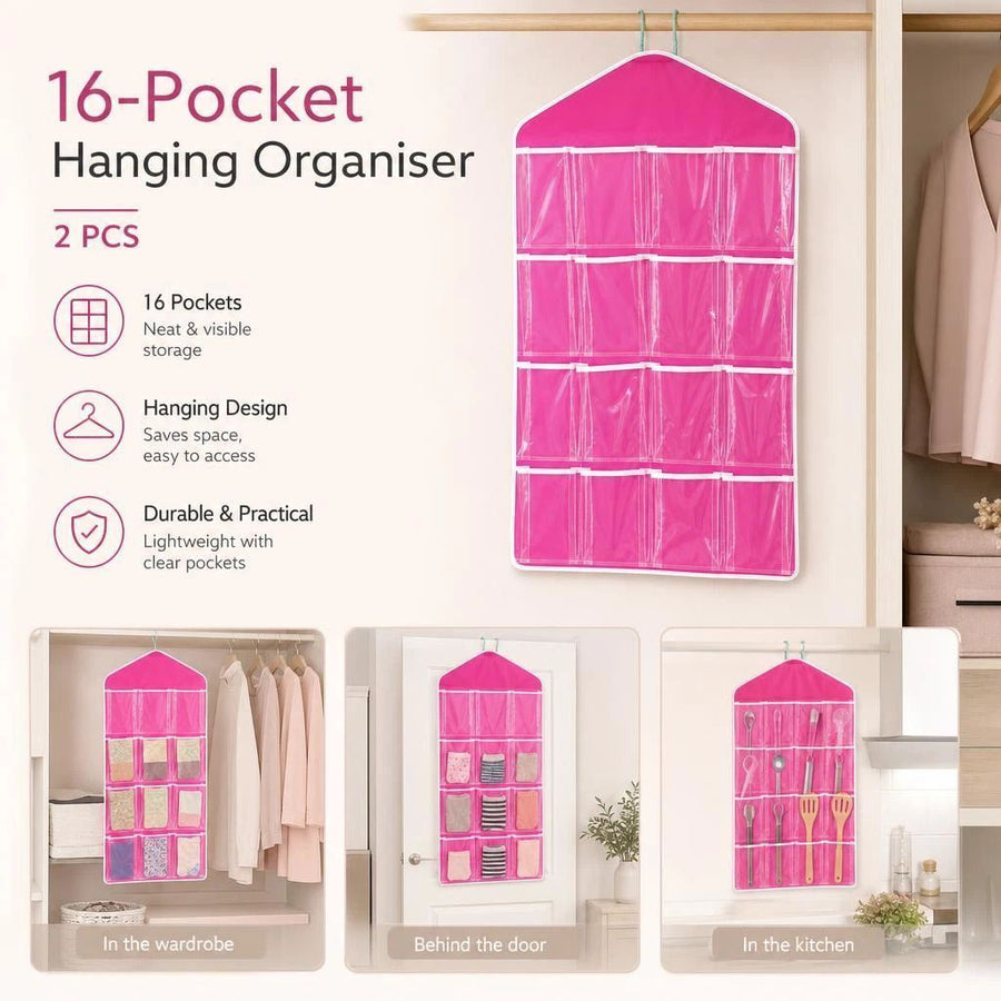 2 Pack Transparent Door Hanging Storage Organizers, 16 Slots For Socks Underwear, Rose Red, Double Pack Storage Set
