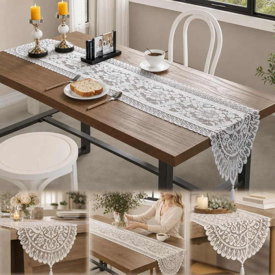 Lace Tassel Table Runner 33x91cm, White, Elegant Dining Table Decor For Daily Home