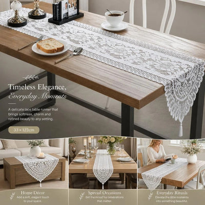 Fringe Lace Table Runner 33x122cm, White, Soft Table Dresser For Long Dining Desk