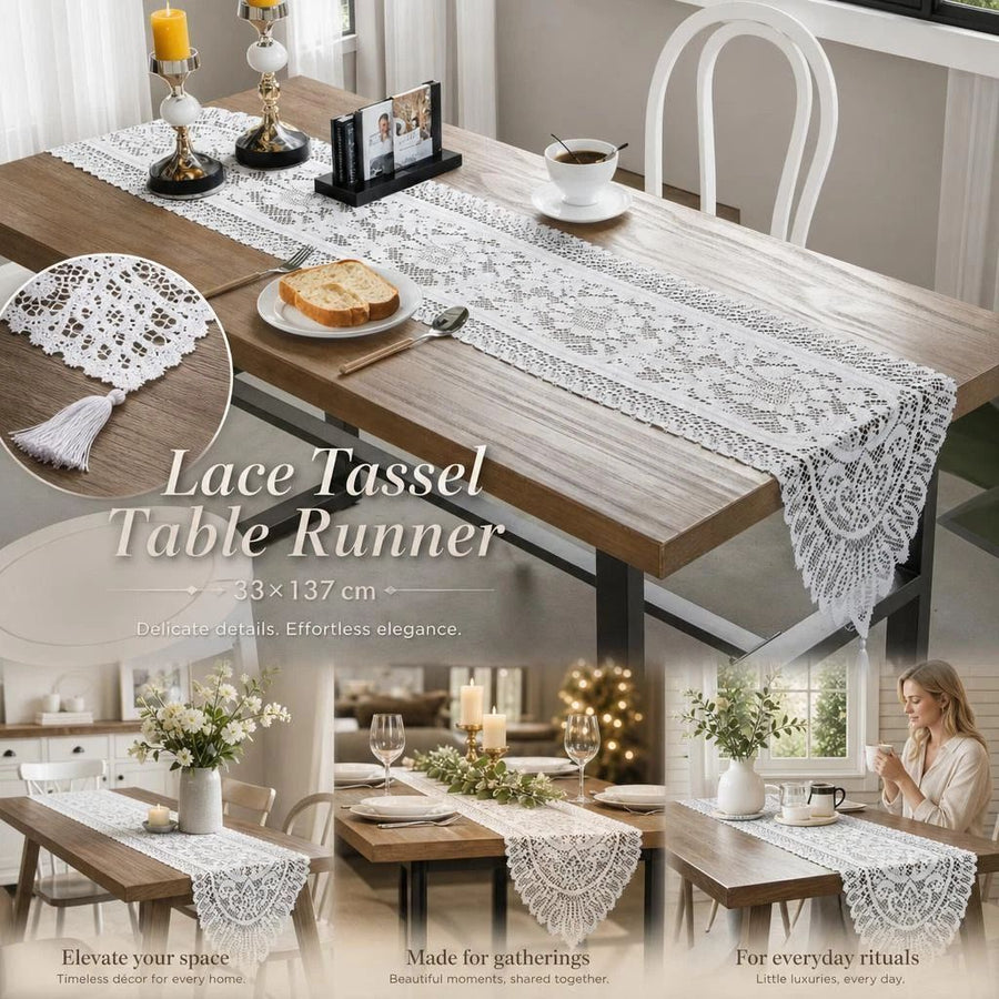 Decorative Lace Table Runner With Tassels 33x137cm, White, Romantic Household Table Ornament