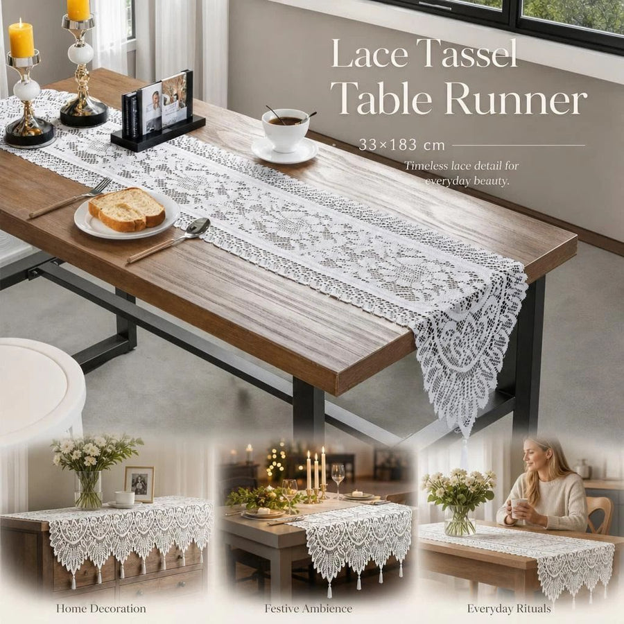 Long Lace Tassel Table Runner 33x183cm, White, Luxury Decor For Large Dining Tables
