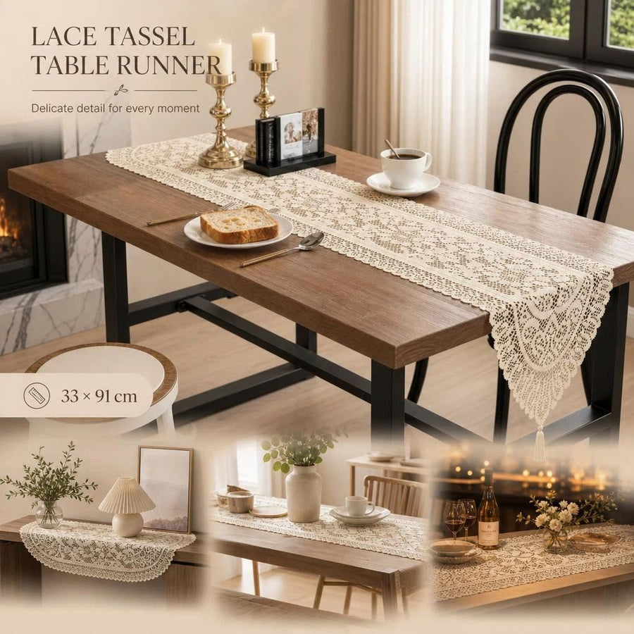 Lace Tassel Table Runner 33x91cm, Beige, Warm Neutral Tone Kitchen Table Decoration