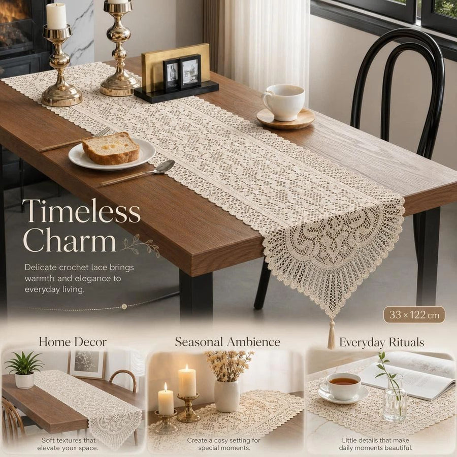 Fringe Lace Table Runner 33x122cm, Beige, Classic Style Indoor Table Layout Accessory