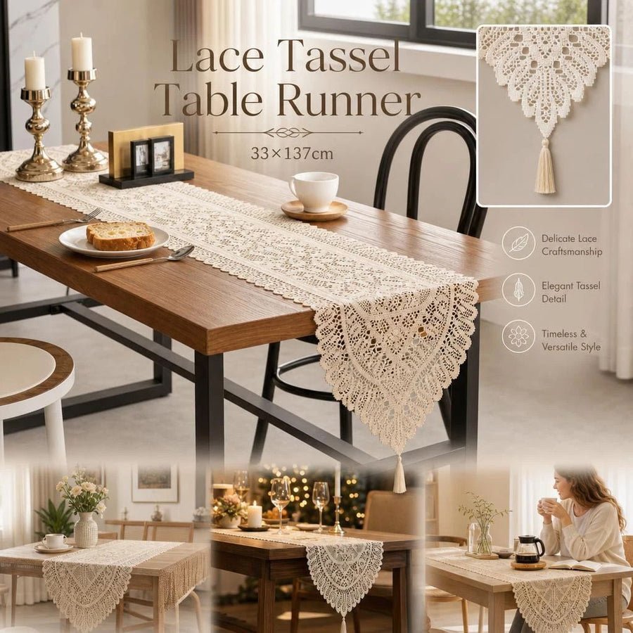 Decorative Lace Table Runner With Tassels 33x137cm, Beige, Gentle Decor For Home Dinner Party