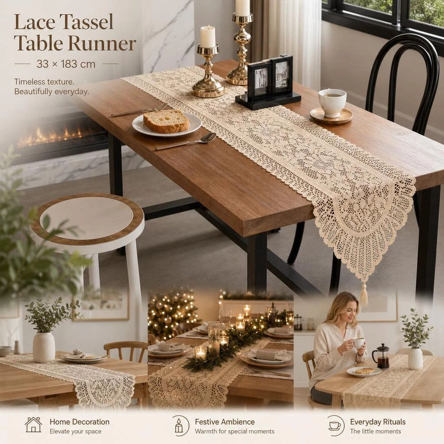 Extra Long Lace Tassel Table Runner 33x183cm, Beige, Match Rustic & Modern Home Style