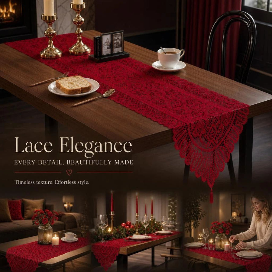 Lace Tassel Table Runner 33x91cm, Red, Festive Table Decor For Holiday Gatherings
