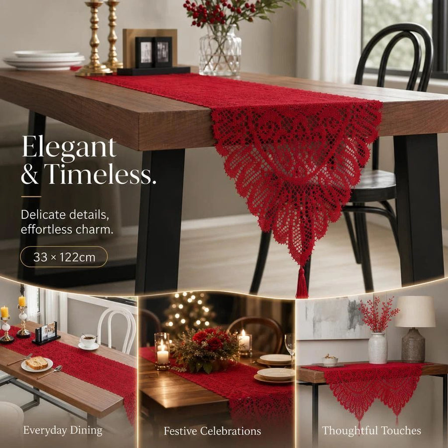 Fringe Lace Table Runner 33x122cm, Red, Vibrant Ornament For Family Daily Dining