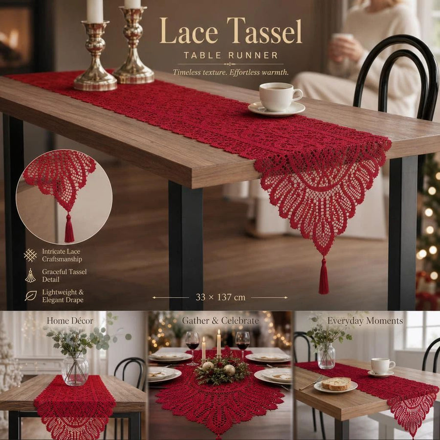 Decorative Lace Table Runner With Tassels 33x137cm, Red, Eye-Catching Table Layout Prop