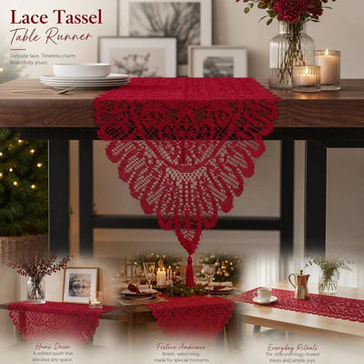 Long Lace Tassel Table Runner 33x183cm, Red, Ideal Decor For Banquet & Festival Dinner