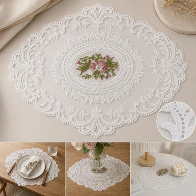 Embroidery Mesh Coaster Mat 21x27cm White, Decorative Nightstand Pad, Vintage Desktop Ornament