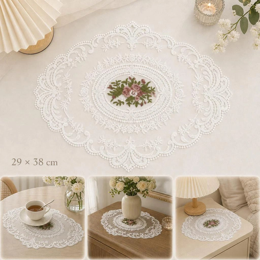 Lace Embroidery Mesh Decor Mat 29x38cm White, Elegant Bedside Table Ornament, Retro Tabletop Decor