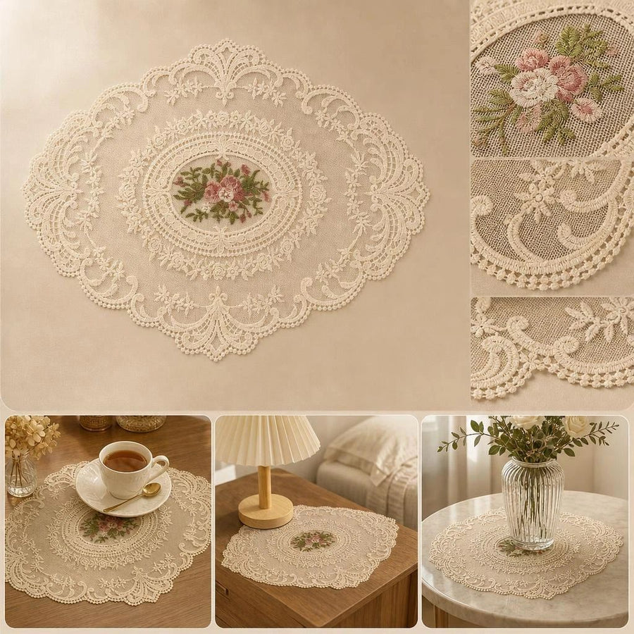 Delicate Embroidery Mesh Pad 21x27cm Apricot, Warm Tone Nightstand Decor, Gentle Retro Tabletop Mat