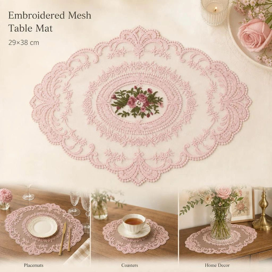 Sweet Pink Embroidery Mesh Mat 29x38cm, Cute Nightstand Decoration, Soft Pastel Retro Tabletop Ornament