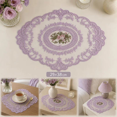Sky Blue Mesh Embroidered Coaster Pad 29x38cm, Fresh Desktop Ornament, Clean Vintage Table Decor