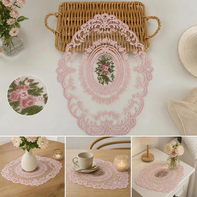 Large Pink Embroidered Mesh Table Pad 32x43cm, Fluffy Romantic Vintage Desktop Decoration