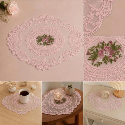 Mini Pink Embroidered Mesh Coaster Mat 21x27cm, Compact Bedside Decor, Tiny Vintage Tabletop Mat