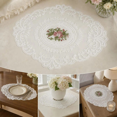 2 Pack Embroidery Mesh Coaster Mats 21x27cm White, Matching Nightstand Decor Set, Vintage Desktop Ornament Kit