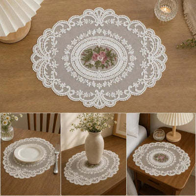 2 Pack Lace Embroidered Mesh Decor Mats 29x38cm White, Dual Desktop Cushions For Retro Table Layout