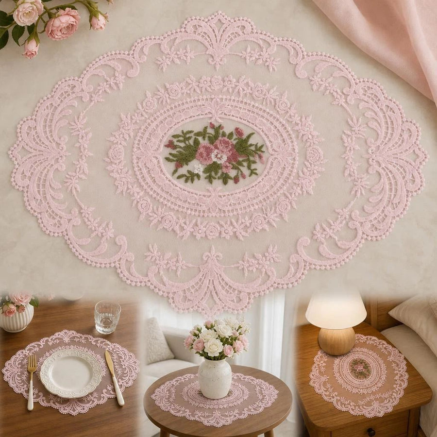 2 Pack Sweet Pink Embroidery Mesh Mats 29x38cm, Cute Dual Nightstand Decor, Pastel Retro Tabletop Kit