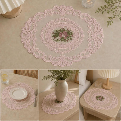2 Pack Large Pink Embroidered Mesh Table Pads 32x43cm, Romantic Double Decor For Vintage Table Styling