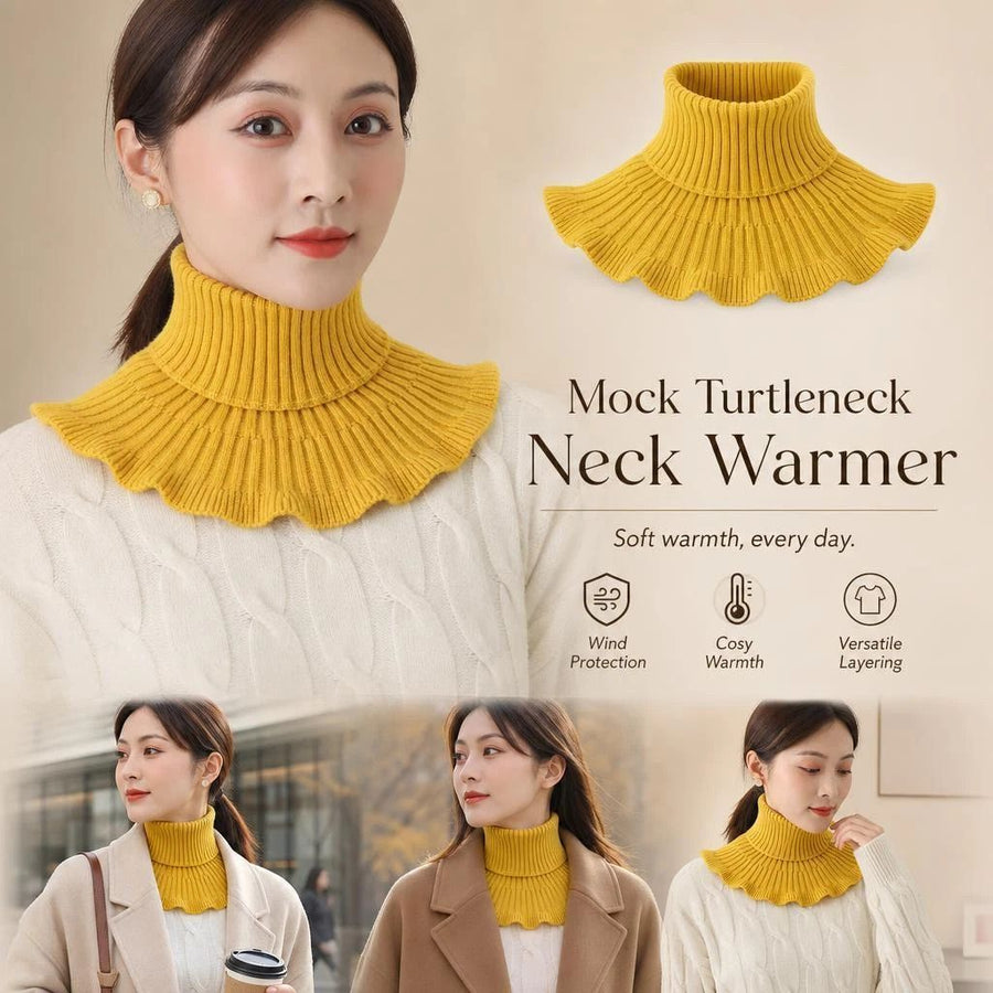 Thick knit mock neck fake collar snood, wind resistant chill blocking layering neck warmer, versatile everyday outfit piece, Yellow
