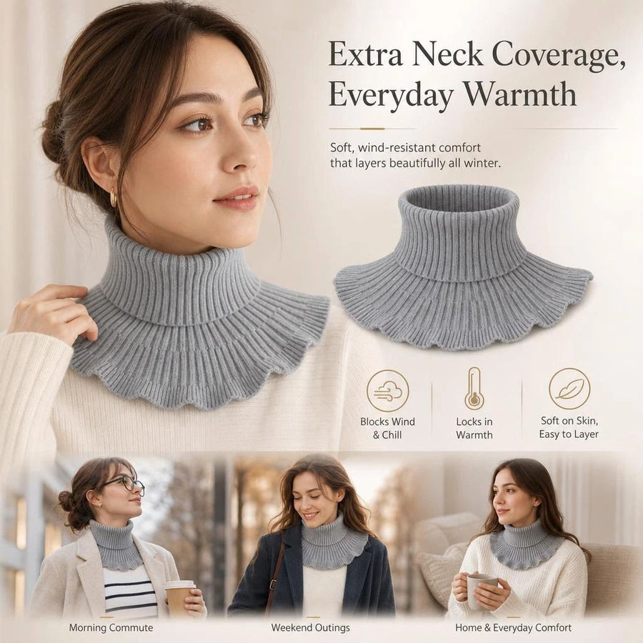 Thick warm knit mock high collar neck wrap, consistent wind blocking, neutral tone easy layering, Grey
