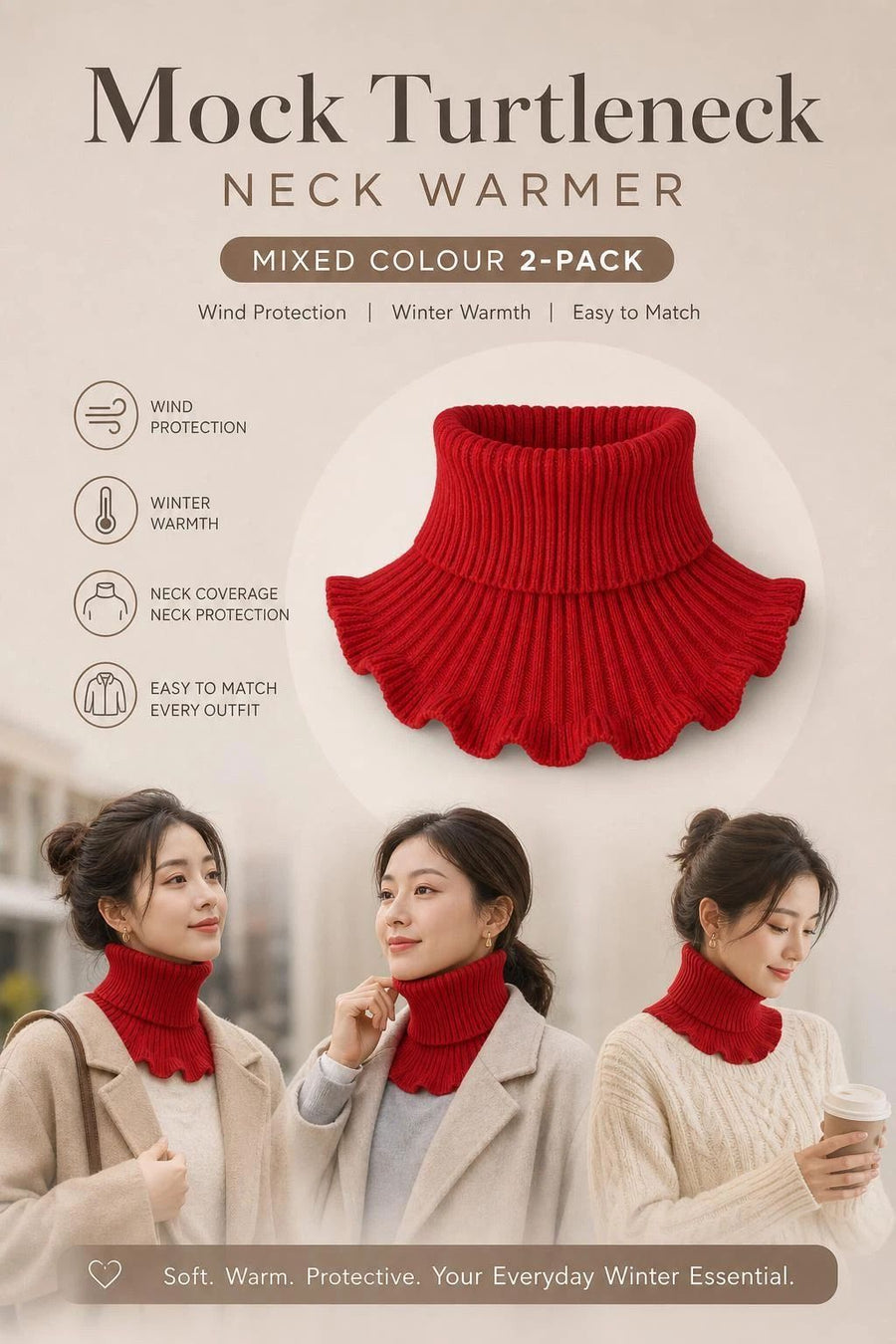 2-Pack thick bright red knit mock neck snoods, complete wind coverage twin pack for daily wear
