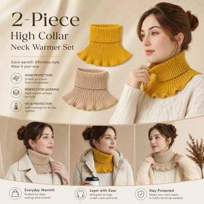 2-Pack thick knit snood twin set Yellow & Khaki, dual colour wind blocking mock collar layering tube