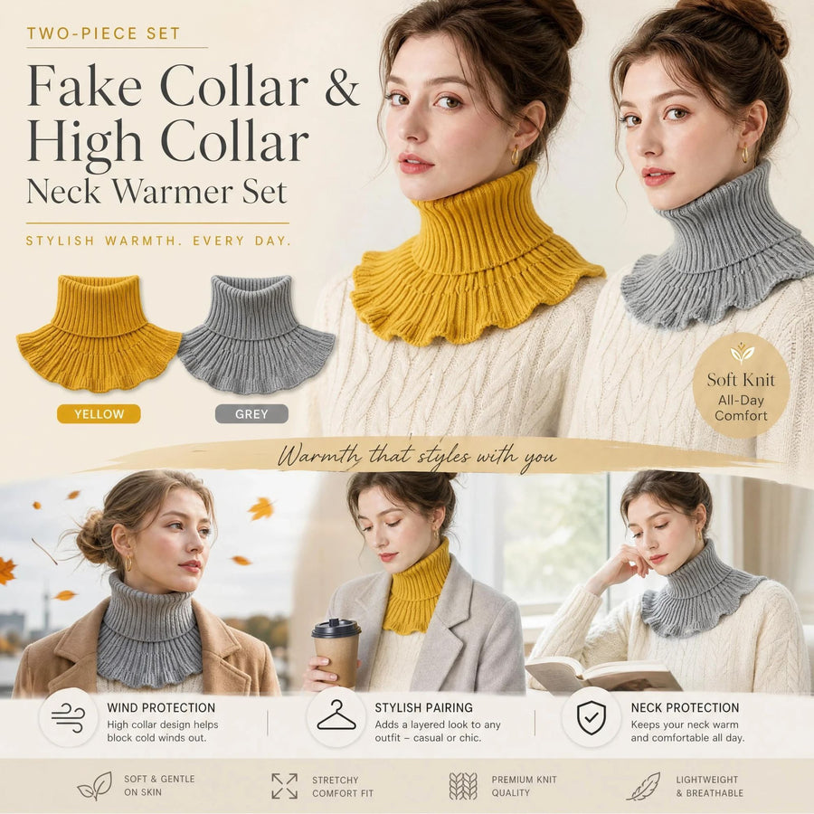 2-Pack Yellow & Grey thick knit mock collar warmers, neutral soft wind barrier dual styling combo