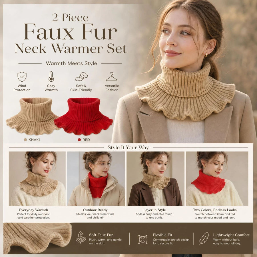 2-Pack Khaki & Bright Red thick knitted mock collar snood set, full wind coverage twin layering pack