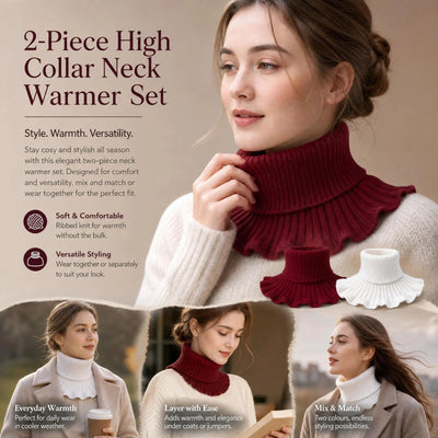 2-Pack White & Wine Red thick knitted mock neck warmers, soft elegant chill defence dual styling wrap set