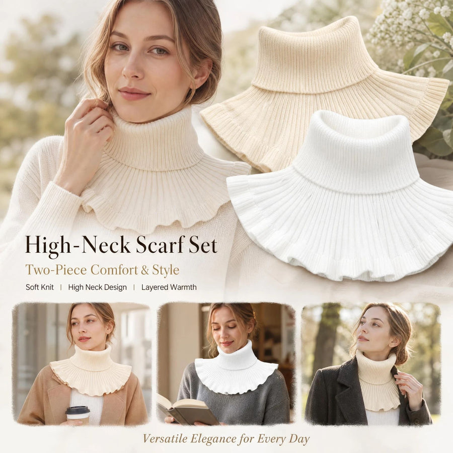 2-Pack White & Off White thick knit neck wrap two-piece pack, soft monochrome wind shield layering cover