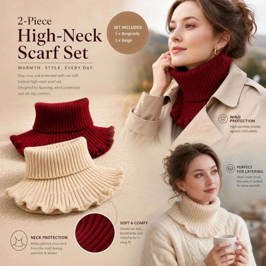 2-Pack Wine Red & Off White thick knit neck protector twin pack, gentle elegant chill defence dual neck cover