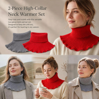 2-Pack Bright Red & Grey thick knitted neck wrap set, neutral solid chill blocking mock neck tube