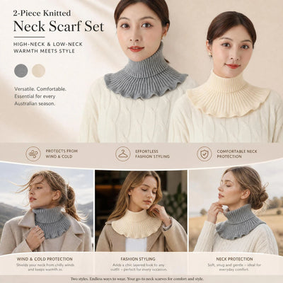 2-Pack Grey & Off White thick knit neck warmers, neutral gentle two-tone wind shield layering twin set
