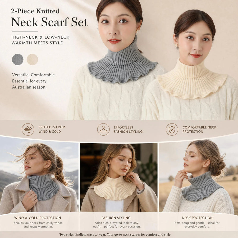 2-Pack Grey & Off White thick knit neck warmers, neutral gentle two-tone wind shield layering twin set
